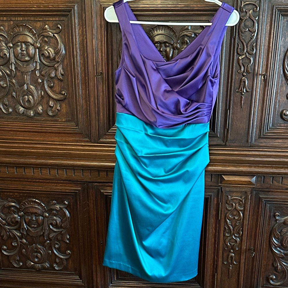 Suzi Chin for Maggy Boutique Purple and Teal Above the Knee Dress, 4 petite